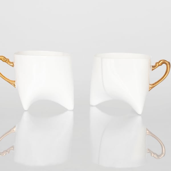 TRIPLE Set of two porcelain cups with gold handle - unique coffee mug or tea cup white with gold, contemporary ceramic cup handmade by ENDE