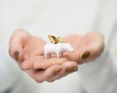 Flying pig Piggy with gold wings, Ceramic miniature sculpture Porcelain figurine, sweet minature animal