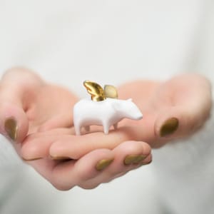 Flying pig Piggy with gold wings, Ceramic miniature sculpture Porcelain figurine, sweet minature animal image 1