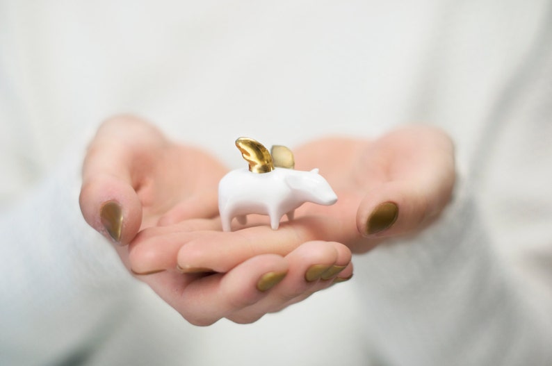Flying pig Piggy with gold wings, Ceramic miniature sculpture Porcelain figurine, sweet minature animal image 1