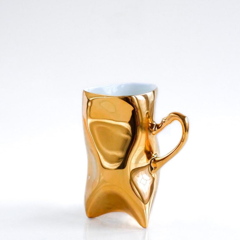 TRIDENT Gold porcelain cup ceramic mug for coffee or tea, luxurious handmade gift image 1