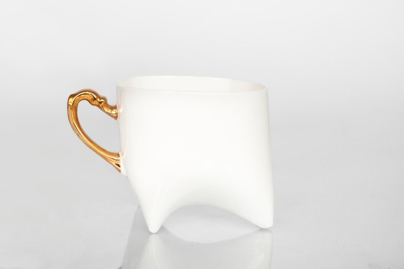 TRIPLE Set of two porcelain cups with gold handle unique coffee mug or tea cup white with gold, contemporary ceramic cup handmade by ENDE image 2