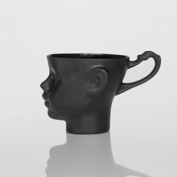 Porcelain DOLL HEAD black mug - whimsical ceramic artisan cup, for coffee or tea