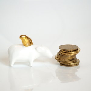 Flying pig Piggy with gold wings, Ceramic miniature sculpture Porcelain figurine, sweet minature animal image 4