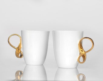 MOBIUS set of two white porcelain cups with gold handles, china mugs for coffee or tea handmade by ENDE