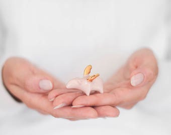 Flying Piggy with gold wings in PINK, Ceramic miniature sculpture Porcelain figurine, sweet minature animal