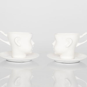 DOLL HEAD Set of two white porcelain cups with saucers image 1