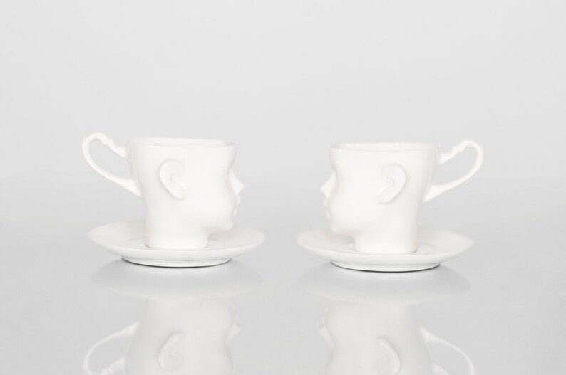 DOLL HEAD Set of two white porcelain cups with saucers image 1