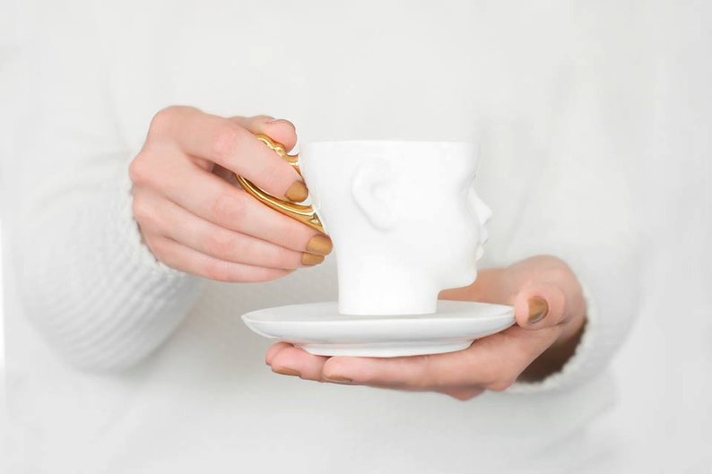 Doll head porcelain cup with gold handle unique coffee cup with saucer by ENDE image 2