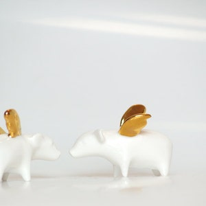 Flying pig Piggy with gold wings, Ceramic miniature sculpture Porcelain figurine, sweet minature animal image 3