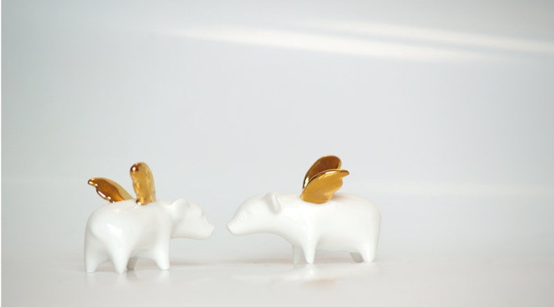 Flying pig Piggy with gold wings, Ceramic miniature sculpture Porcelain figurine, sweet minature animal image 3
