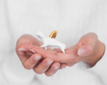 Flying Dachshund Dog with gold wings, Ceramic miniature sculpture Porcelain figurine, sweet minature animal white Kitten