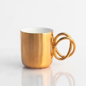 TWIST mug, porcelain cup painted with real gold, ceramic mug for coffee or tea, luxurious handmade gift image 1