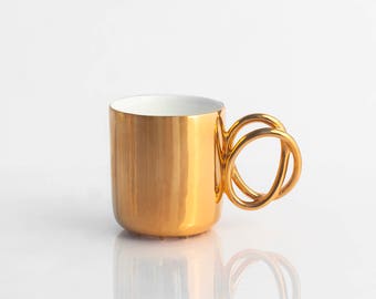 TWIST mug, porcelain cup painted with real gold, ceramic mug for coffee or tea, luxurious handmade gift