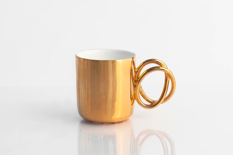 TWIST mug, porcelain cup painted with real gold, ceramic mug for coffee or tea, luxurious handmade gift image 1