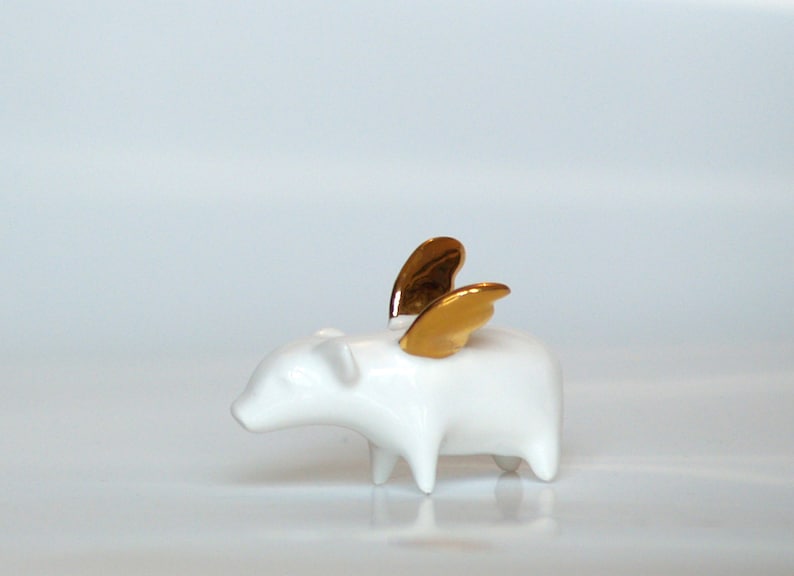 Flying pig Piggy with gold wings, Ceramic miniature sculpture Porcelain figurine, sweet minature animal image 2