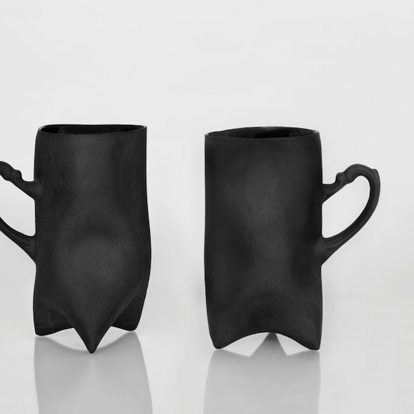 Black Porcelain cups set of two , ceramic cups handbuilt coffee cups or tea cups by ENDE