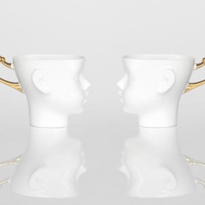 DOLL HEAD Set of two porcelain coffee mugs with gold handles image 1