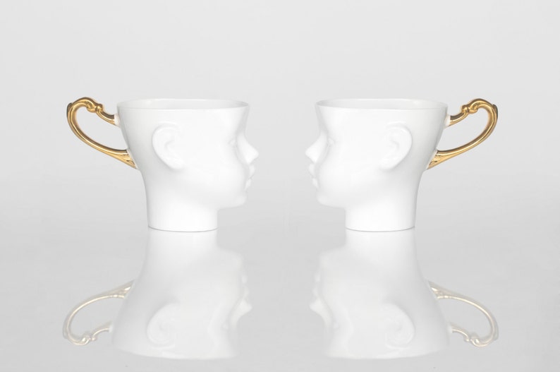 DOLL HEAD Set of two porcelain coffee mugs with gold handles image 1