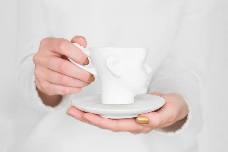 DOLL HEAD Set of two white porcelain cups with saucers image 2