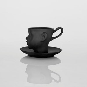 Doll head cup black porcelain with saucer - whimsical black ceramic artisan mug, for coffee or tea