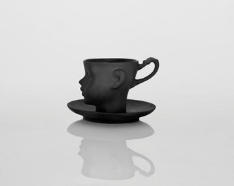 Doll head cup black porcelain with saucer - whimsical black ceramic artisan mug, for coffee or tea