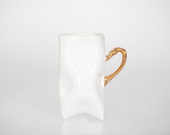 TRIDENT Porcelain cup white with gold, ceramic cup handmade for coffee or tea by ENDE