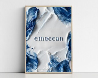 Emocean – Ceramic-Inspired Typography Poster, Minimal Blue Waves Wall Art, Digital Download