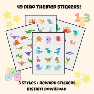 Pacote de adesivos de dinossauro para impressão: 49 adesivos de dinossauro para pré-escola (download instantâneo)