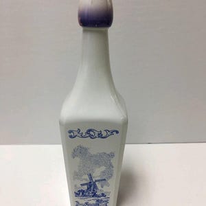 Vintage Vandermint Glass Liquor Bottle Delft Blue Windmills on White 11&quot; Empty