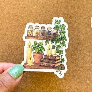 Cottagecore Witch Sticker: Herb Shelf, Spell Book, Candle Decor