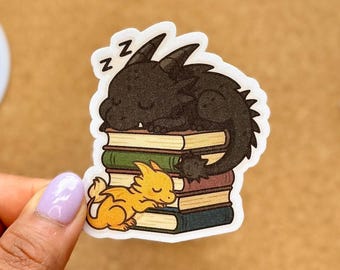 Fourth Wing Chibi Dragon Sticker, Tairn & Andarna Sleeping on Books, Rebecca Yarros Empyrean Series Merch, Cute Bookish Fantasy Sticker