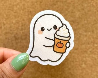 Pumpkin Spice Ghost Sticker, Cute Halloween Vinyl Decal, Cute Fall Coffee Sticker, Spooky Season Aesthetic, Cozy Ghost Holding Latte Sticker