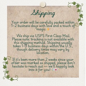 May include: A beige paper note with the word "Shipping" in elegant script. The text details order packing, shipping via USPS, and delivery times. Decorative green vines and a small white button adorn the edges.