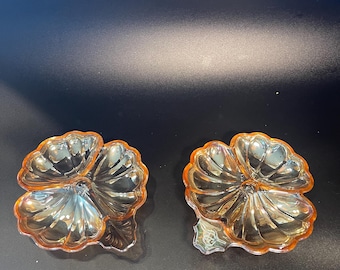Marigold Carnival Glass Flowers Clover Shamrock Hibiscus Candy Dish from Jeanette Glass Co Set of Two Nuts Trinket