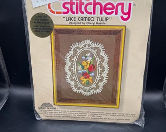 Choice of vintage 1979 Jiffy Stitchery Lace Cameo Iris and Lace Cameo Tulip