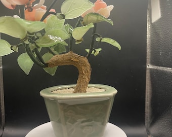 vintage jade glass bonsai tree featuring pink cherry blossoms Chinese Celadon Pot