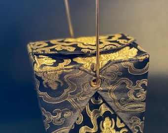 vintage Chinese takeout box-inspired handbag  black and gold brocade fabric with a bamboo handle takeaway carry out purse