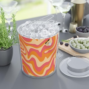 Ice Bucket, Retro Abstract Swirl, Vintage Barware, Cocktail Party Decor, Metal Ice Container with Tongs