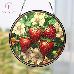 Strawberry Branch Stained Glass Suncatcher, Strawberry Floral Window Hanging, Housewarming Gift,Suncatcher Window Decor,Gift For Berry Lover
