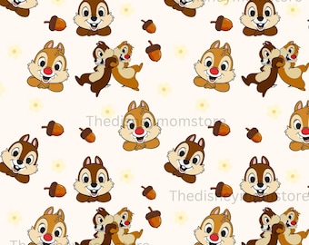May include: A repeating pattern featuring cartoon chipmunks, acorns, and small yellow flowers on a cream background. The chipmunks are depicted in various poses, with brown and tan fur, red noses, and smiling expressions. Acorns are scattered throughout the design.
