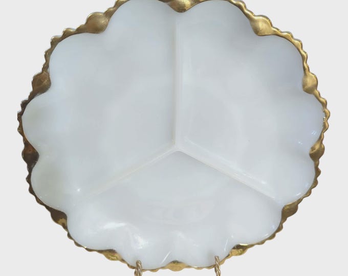 Vintage Fire King Anchor Hocking Milk Glass Relish Dish Plate with Gilded Trim 10”