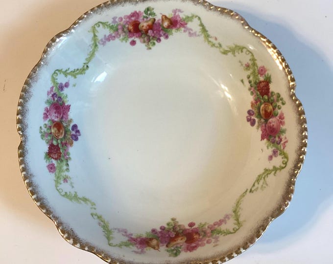 Vintage German Serving Bowl: Hand-Painted Floral Swag, Gilded Edges, 9"