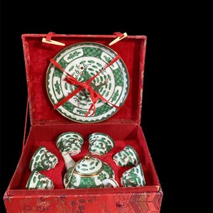 Vintage Chinese Tea Pot & Cup Party Set Fine Porcelain Satin Silk Box