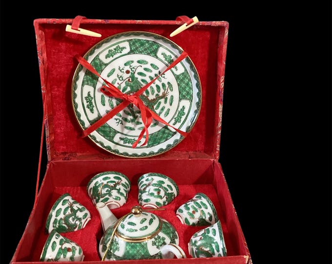 Vintage Chinese Tea Pot & Cup Party Set Fine Porcelain Satin Silk Box