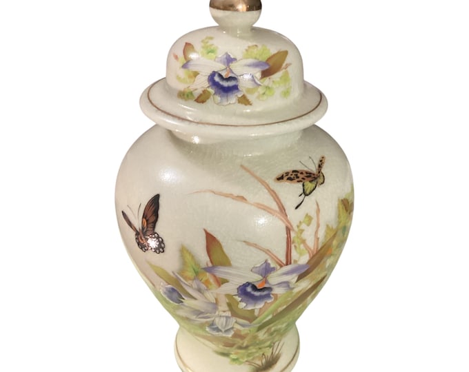 Vintage Toyo Tropical Orchid Lidded Vase/Ginger Jar Butterfly 10”
