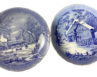 Platos de colección antiguos de Currier and Ives de 8 pulgadas con escenas invernales de granja.
