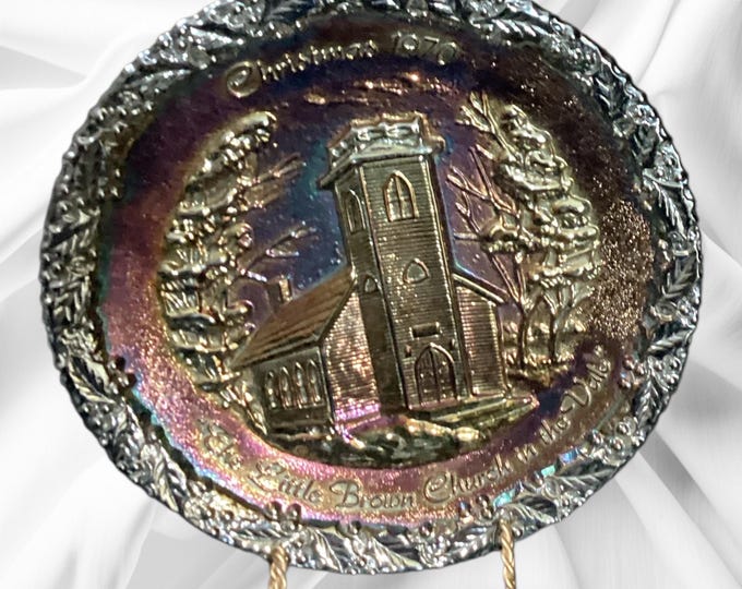 Vintage Fenton Carnival Glass Decorative Plate- "The Little Brown Church in the Dale” Christmas 1970