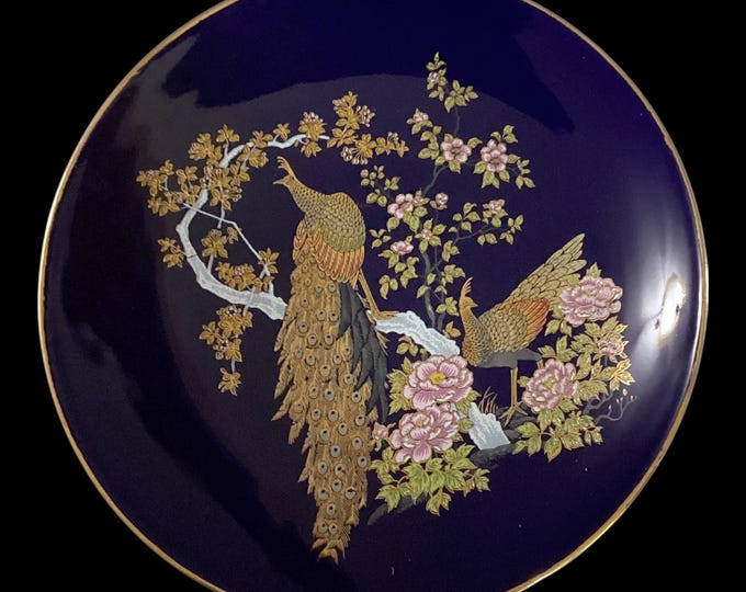 Vintage Blue cobalt Decorative Peacock Plate Japan 8.5”