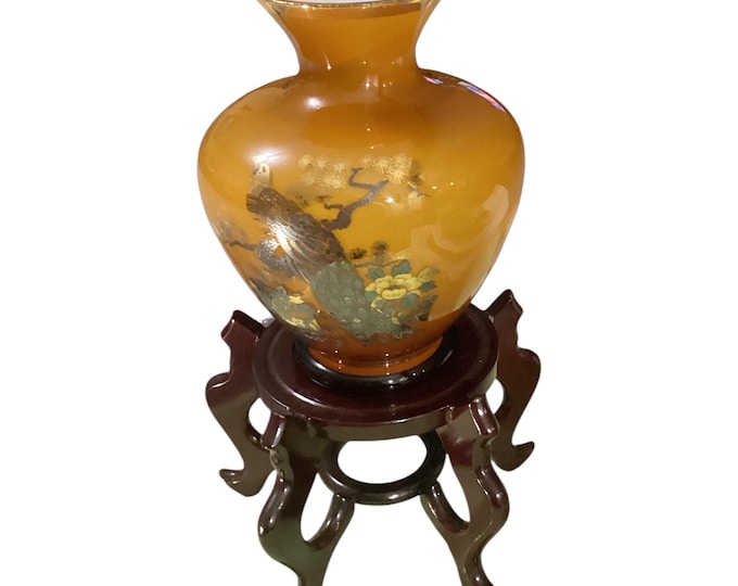 Vintage Japanese Amber Glass Vase, Gilded Bird & Floral Motifs, Wood Stand